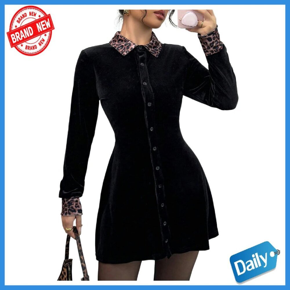 Velvet Leopard Print Long Sleeve Button Down Ruffle Mini Dress - Picture 1 of 6